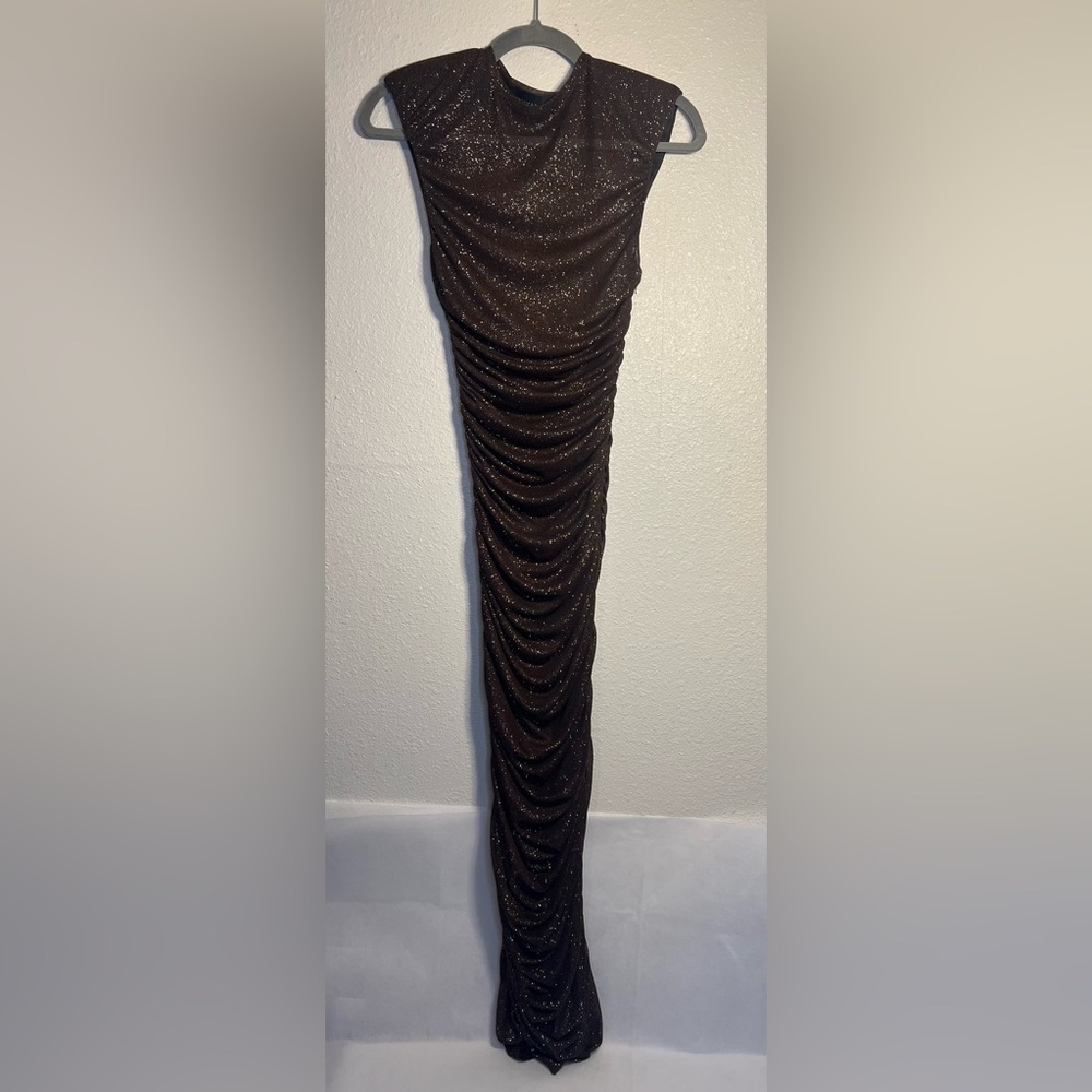 Bronx and Banco Maya Ruched Sheer Mesh Glitter Fitted Midi Dress Brown - S - Picture 3 of 6